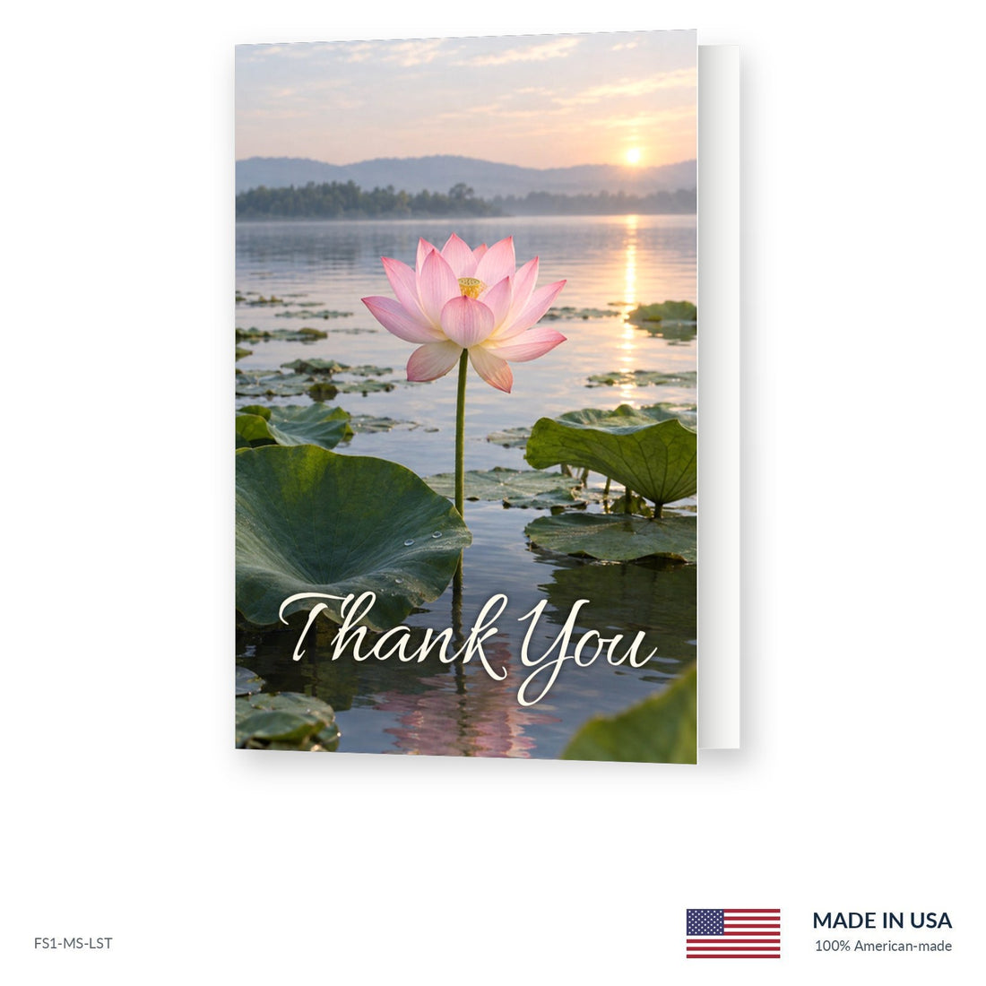 Pink Lotus funeral acknowledgment card shown slightly open, Funeral Source One FS1-MS-LST, Made in the USA