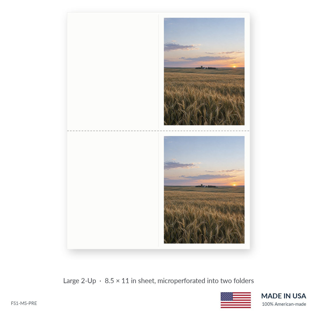 Prairie Evening funeral service folders, Large 2-Up 8.5 × 11 in sheet microperforated into two folders, Funeral Source One FS1-MS-PRE