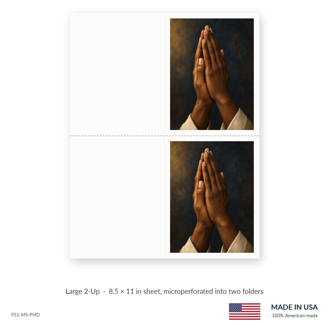 Prayer funeral service folders, Large 2-Up 8.5 × 11 in sheet microperforated into two folders, Funeral Source One FS1-MS-PHD