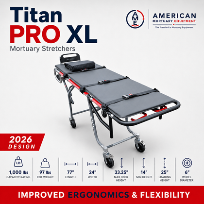 Titan PRO XL bariatric mortuary cot, 1,000 lb multi-level first call funeral removal stretcher