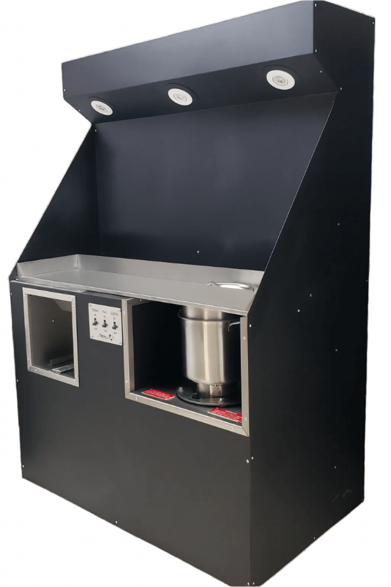 Model 1030-1A cremains processing station detail, dual-use human and pet crematory equipment