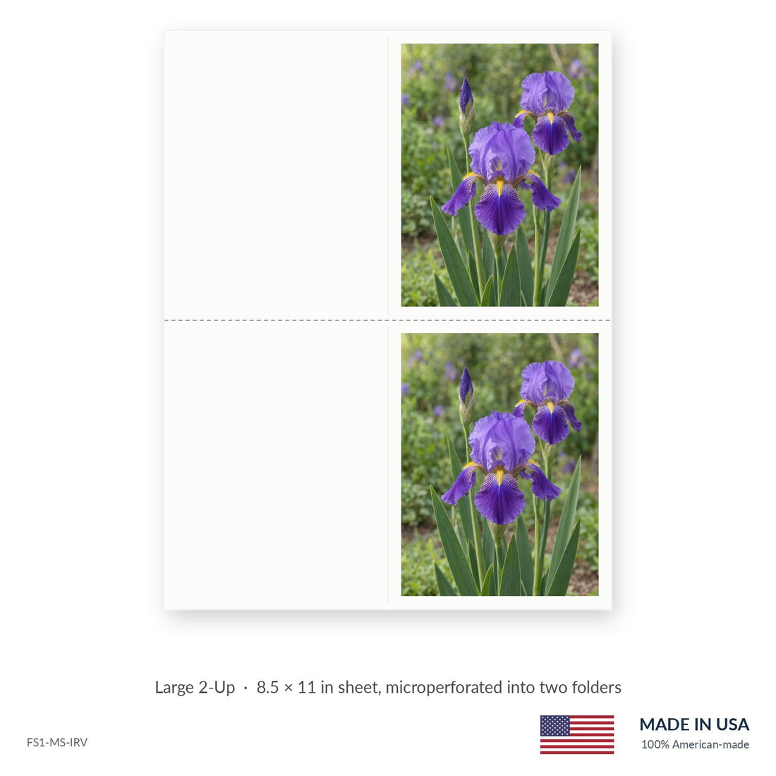 Purple Iris funeral service folders, Large 2-Up 8.5 × 11 in sheet microperforated into two folders, Funeral Source One FS1-MS-IRV