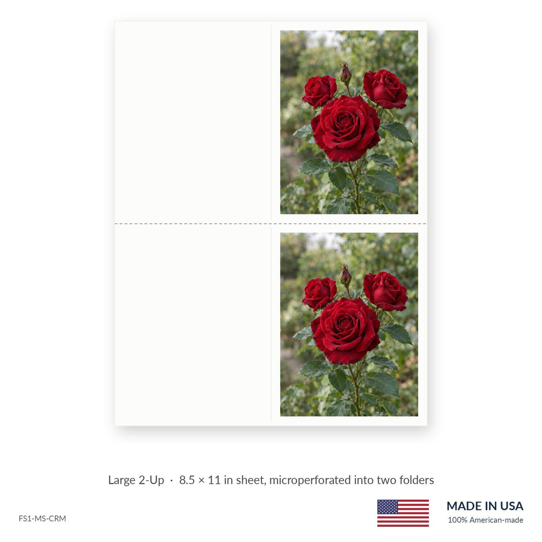 Red Roses funeral service folders, Large 2-Up 8.5 × 11 in sheet microperforated into two folders, Funeral Source One FS1-MS-CRM