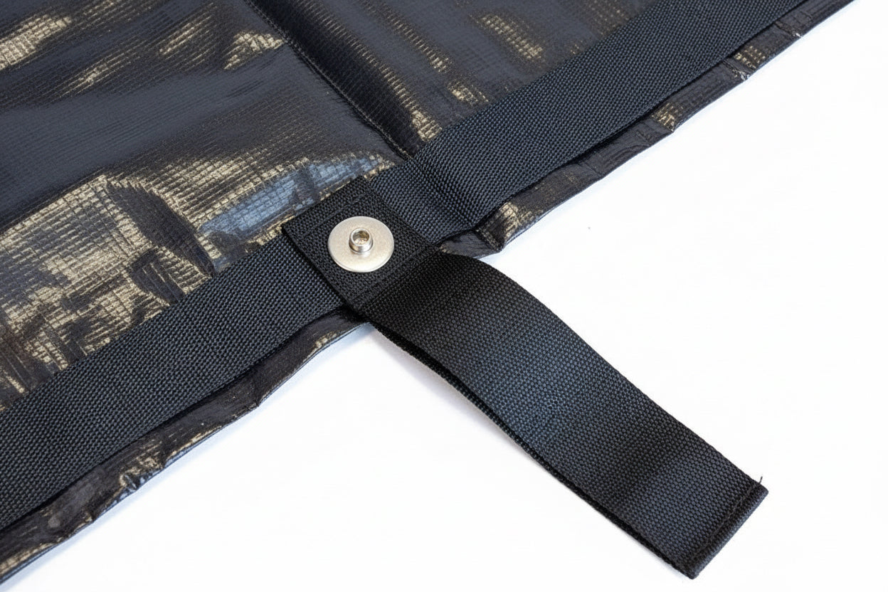 Close-up of 8 built-in high-tensile strength strap handles on an 18 Mil bariatric body bag for safe transport in medical examiner and forensic lab facilities.