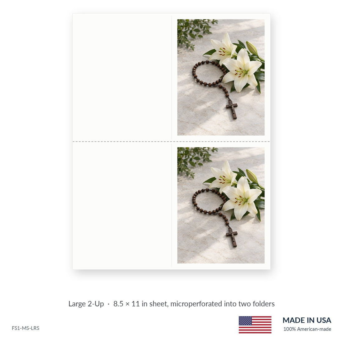 Rosary funeral service folders, Large 2-Up 8.5 × 11 in sheet microperforated into two folders, Funeral Source One FS1-MS-LRS