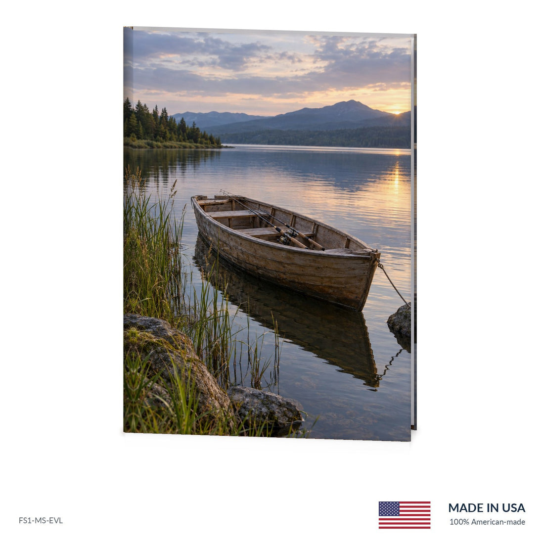 Rowboat funeral register book with full-color cover wrap and visible page edge, Funeral Source One FS1-MS-EVL, Made in the USA