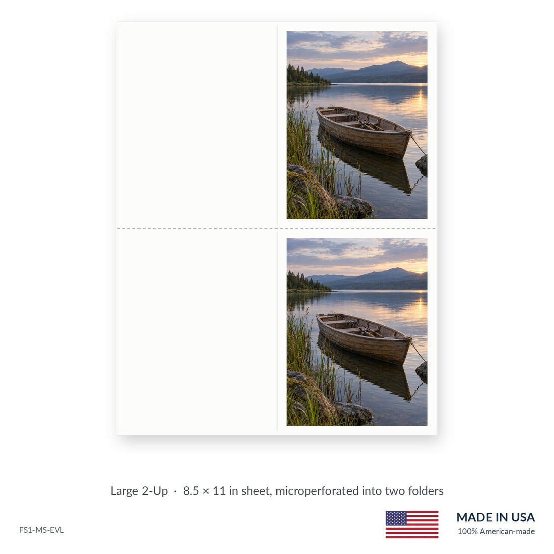 Rowboat funeral service folders, Large 2-Up 8.5 × 11 in sheet microperforated into two folders, Funeral Source One FS1-MS-EVL