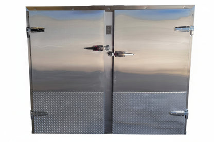 Exterior of an AMC 3x3 Upright 6-body mortuary cooler with optional high-durability diamond plate finish made in Johnson City TN.