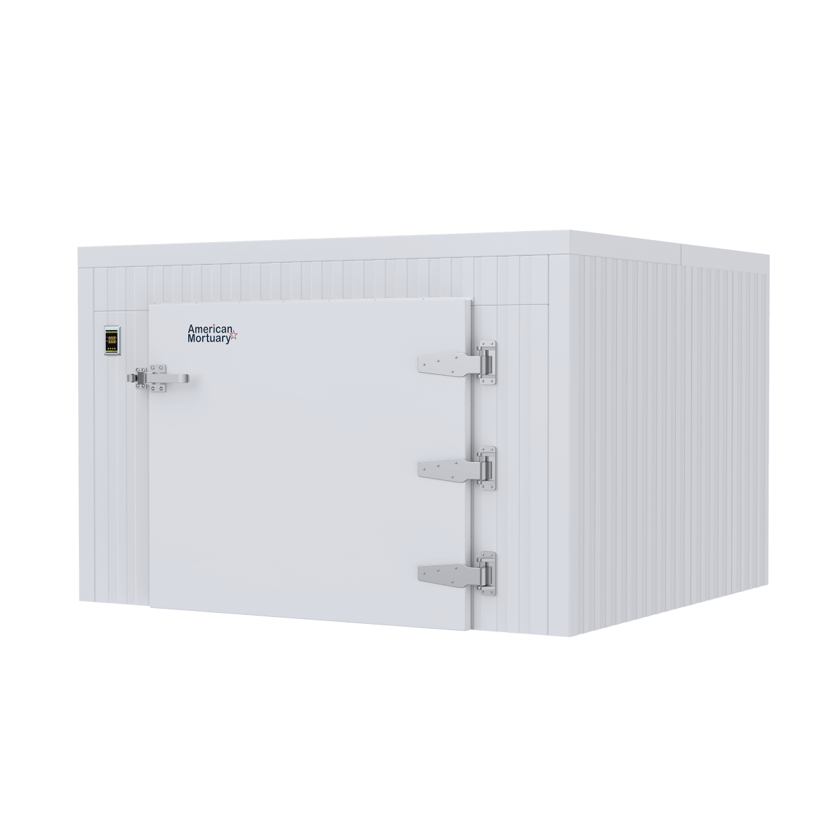 Self-contained refrigeration system on a triple-wide roll-in mortuary cooler with digital temperature control