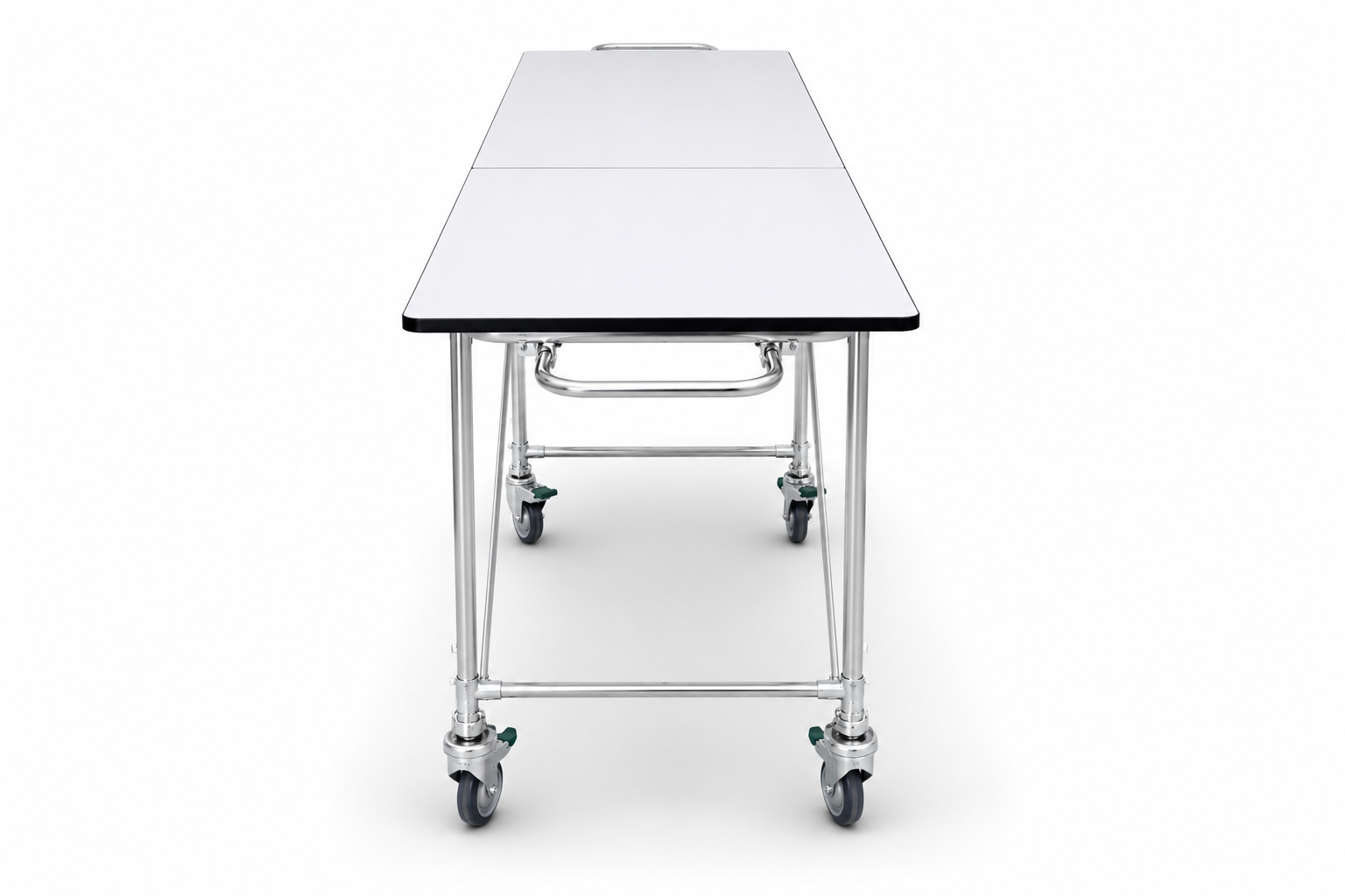 Single folding mortuary dressing table end view — stainless steel cadaver prep table edge profile | American Mortuary Coolers