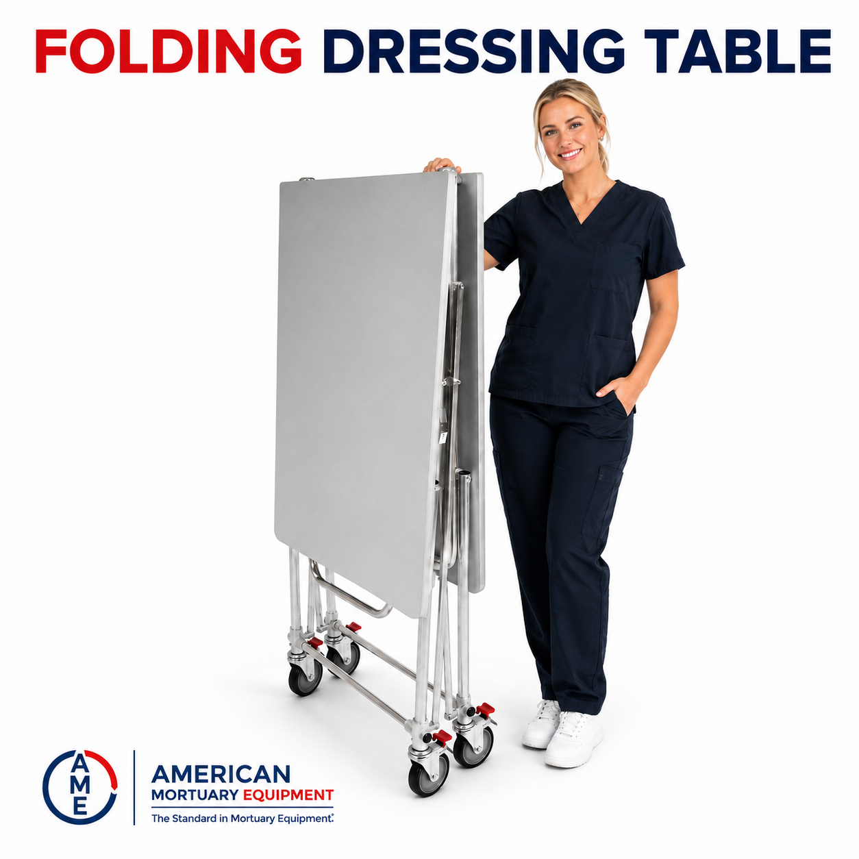 Single folding mortuary dressing table with feature callouts — 34-inch stainless steel cadaver prep table | American Mortuary Coolers