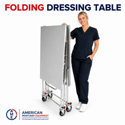 Single folding mortuary dressing table with feature callouts — 34-inch stainless steel cadaver prep table | American Mortuary Coolers