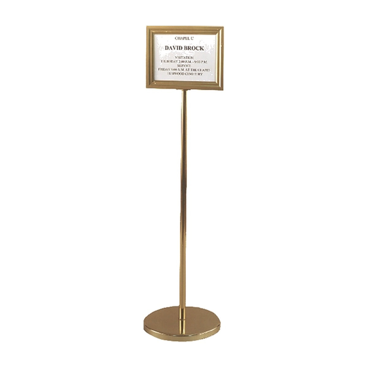 Single listing pedestal directory with brass frame on a round brass floor stand