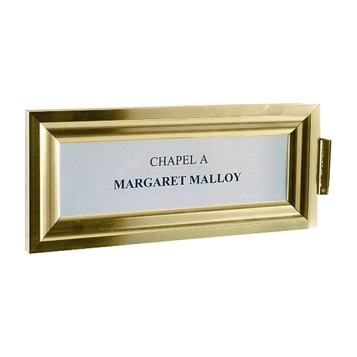 Slip-on wall directory in brass finish with a room name announcement