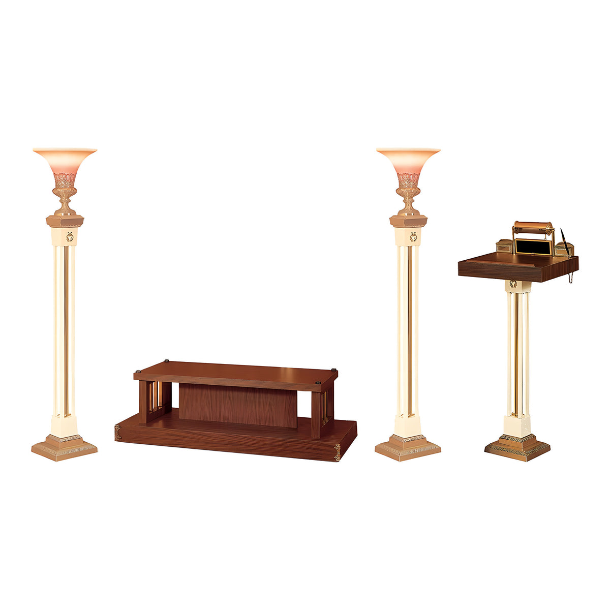 Sovereign Chapel Set — shown with its included pieces in walnut laminate with brass accents