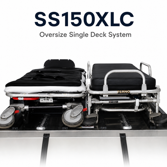 AME-SS150XLC oversize single-deck system product code 7135-D001 — American Mortuary Equipment full-size cargo van deck for standard and oversized cot side-by-side transport