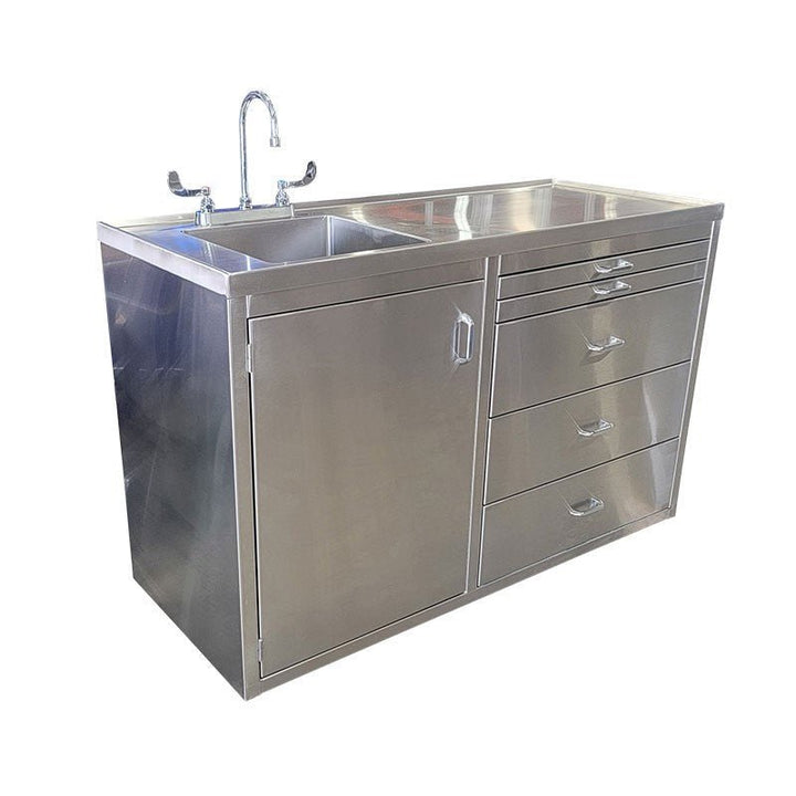 Stainless veterinary exam and operating table with sink, integrated tub table