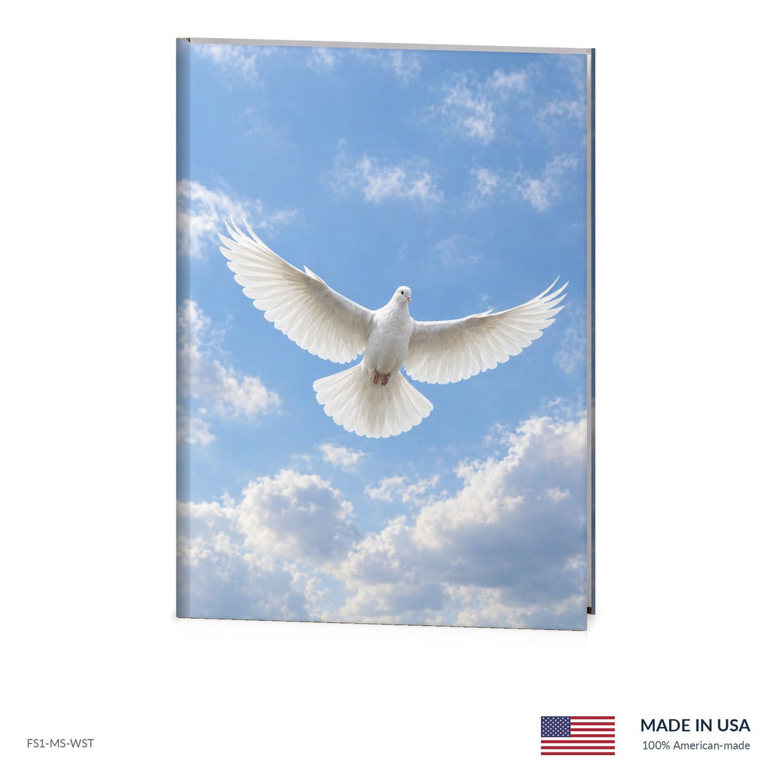 Stillness Blue funeral register book with full-color cover wrap and visible page edge, Funeral Source One FS1-MS-WST, Made in the USA