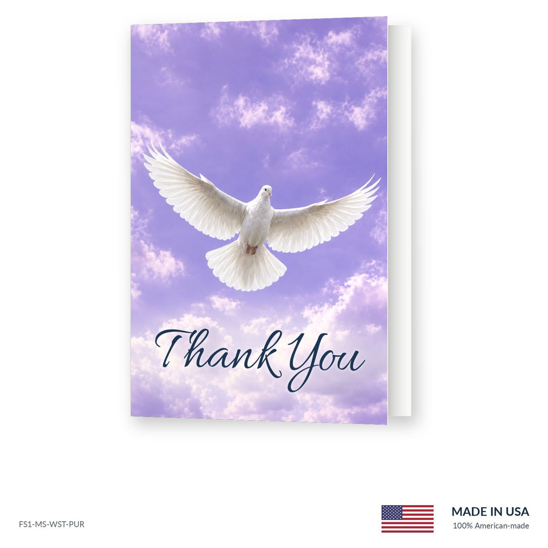 Stillness Purple funeral acknowledgment card shown slightly open, Funeral Source One FS1-MS-PUR, Made in the USA
