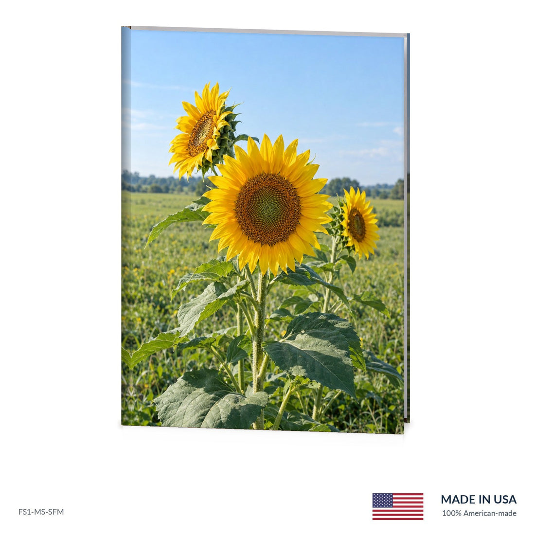 Summer Sunflowers funeral register book with full-color cover wrap and visible page edge, Funeral Source One FS1-MS-SFM, Made in the USA