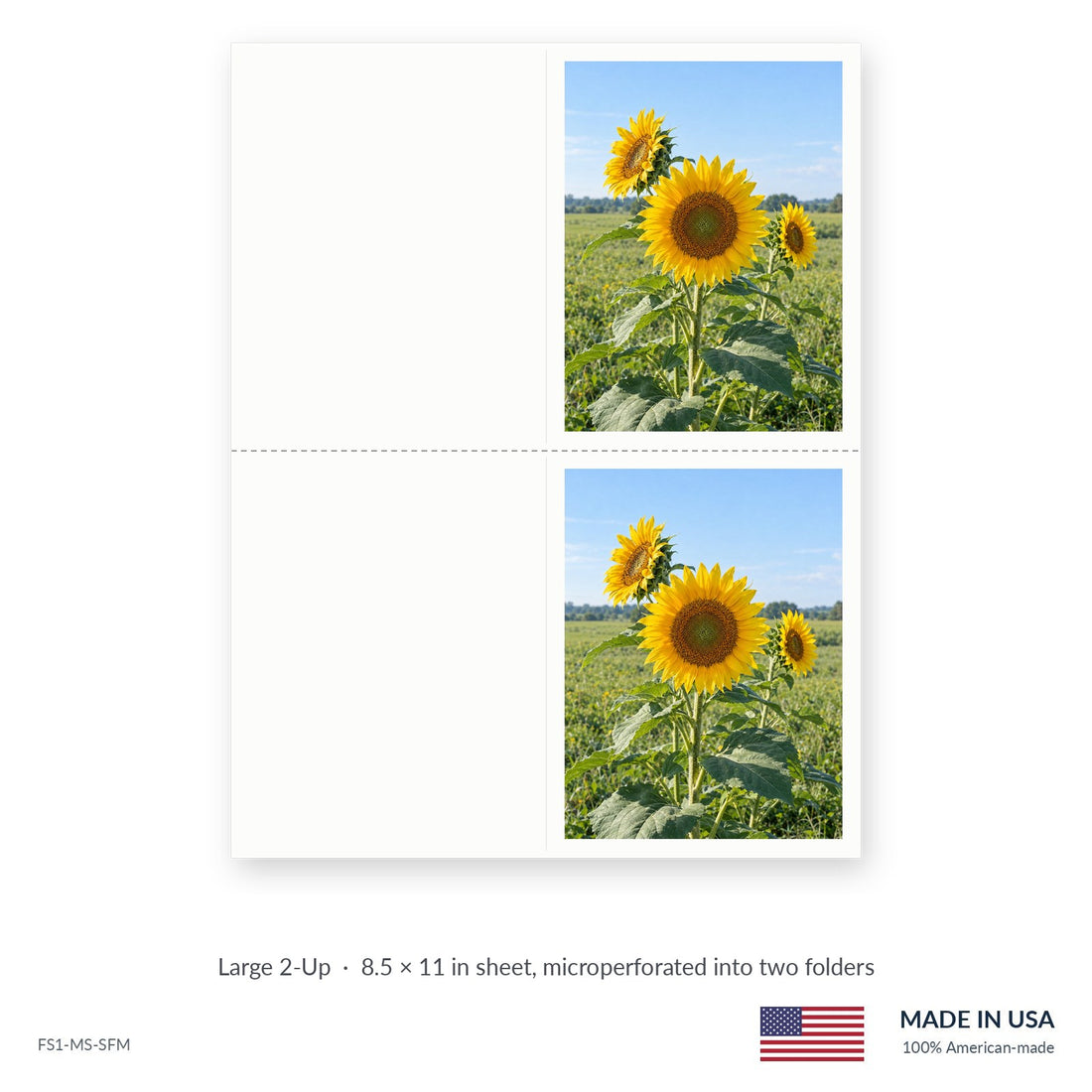 Summer Sunflowers funeral service folders, Large 2-Up 8.5 × 11 in sheet microperforated into two folders, Funeral Source One FS1-MS-SFM