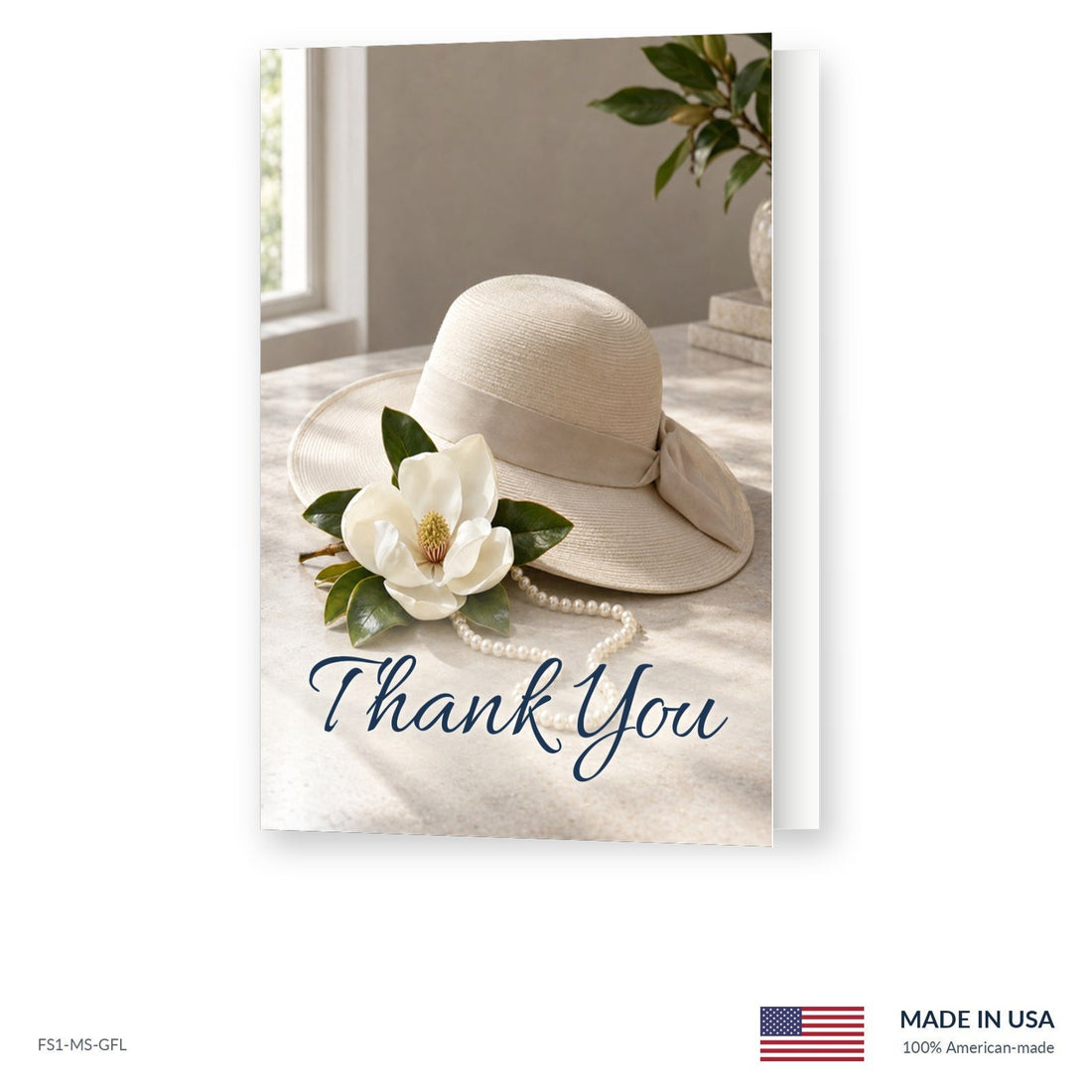 Sunday Hat funeral acknowledgment card shown slightly open, Funeral Source One FS1-MS-GFL, Made in the USA