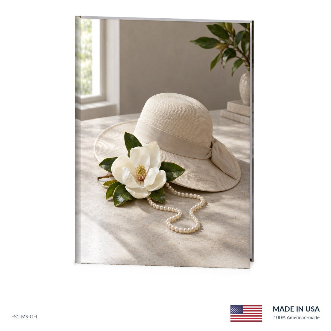 Sunday Hat funeral register book with full-color cover wrap and visible page edge, Funeral Source One FS1-MS-GFL, Made in the USA
