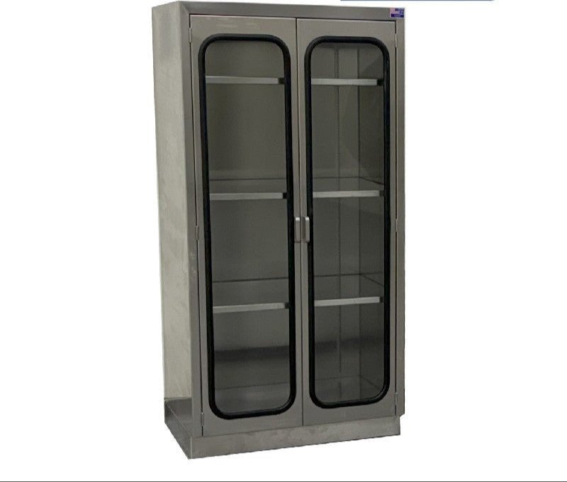 USPE stainless steel cabinet with glass doors; actual product photograph