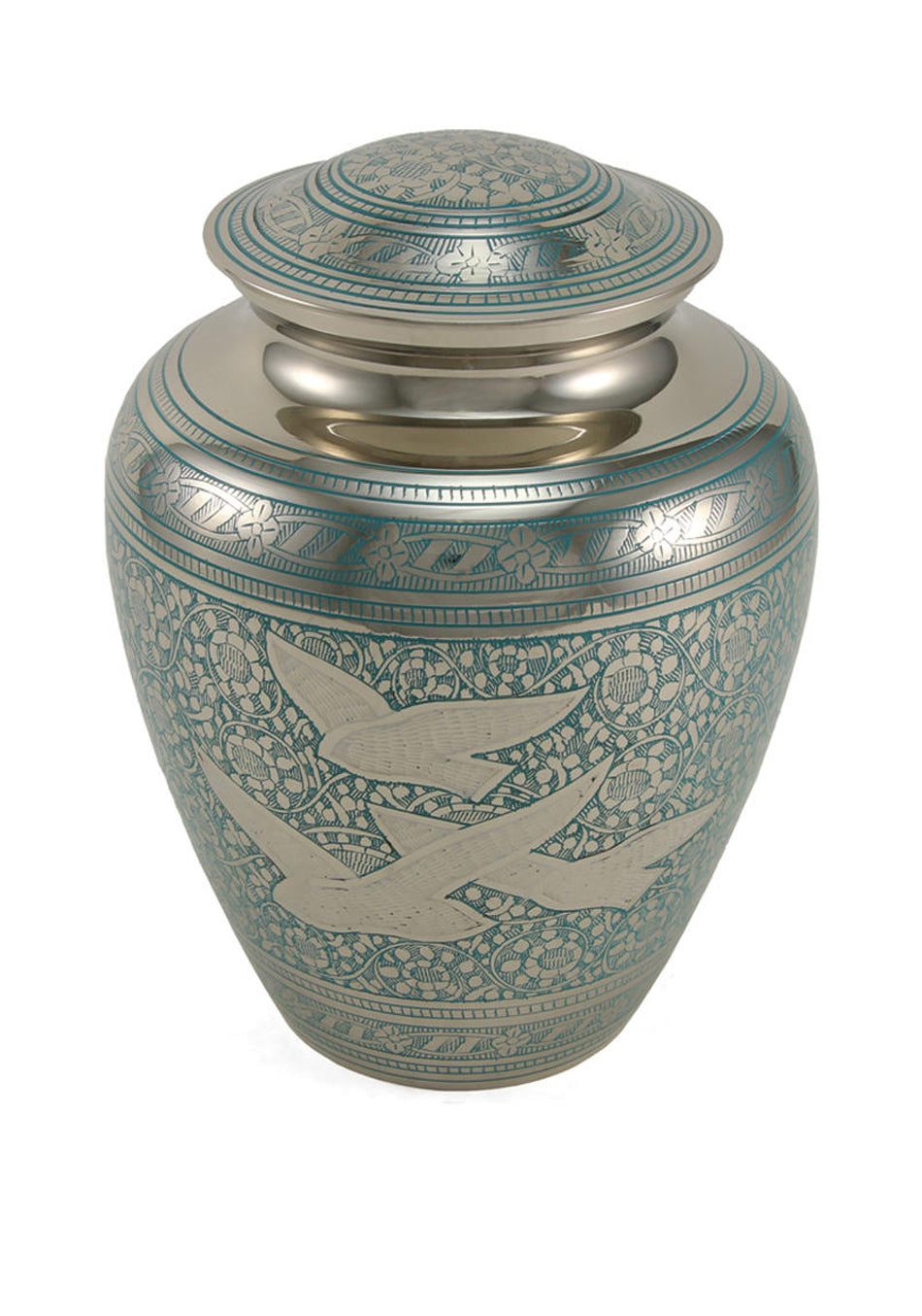 Teal Flying Doves Etched Brass Full Size Cremation Urn, Full Size (Adult), 9 x 6.9 x 6.9 in