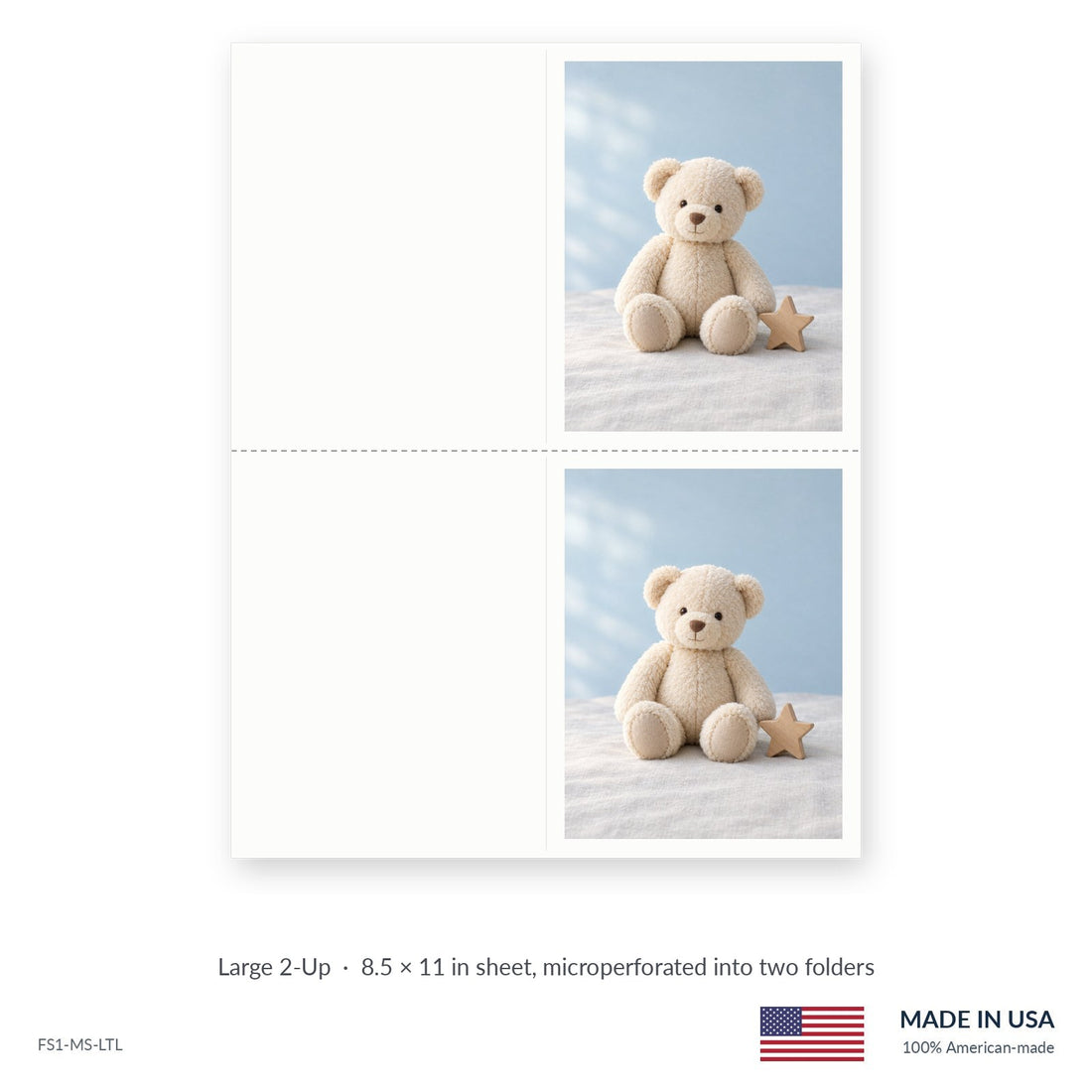 Teddy Bear funeral service folders, Large 2-Up 8.5 × 11 in sheet microperforated into two folders, Funeral Source One FS1-MS-LTL