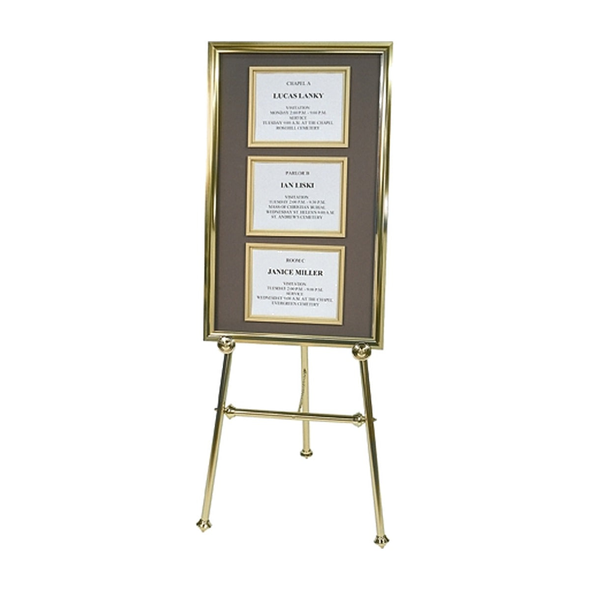 three-panel wall directory with framed funeral service announcements