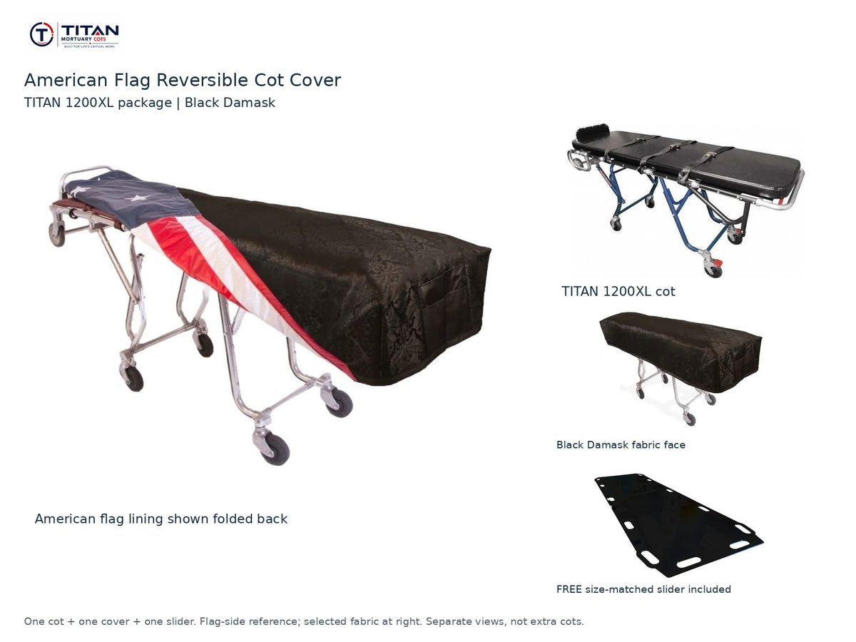 TITAN 1200XL cot package | American flag reversible cot cover | Black Damask. Flag-side reference first and largest, selected fabric face at right, and free size-matched slider. One cot, one cover and one slider.