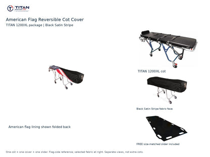 TITAN 1200XL cot package | American flag reversible cot cover | Black Satin Stripe. Flag-side reference first and largest, selected fabric face at right, and free size-matched slider. One cot, one cover and one slider.
