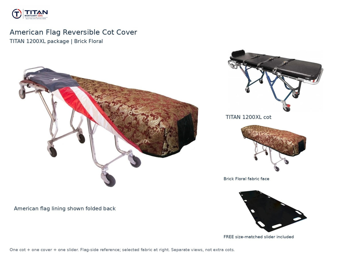 TITAN 1200XL cot package | American flag reversible cot cover | Brick Floral. Flag-side reference first and largest, selected fabric face at right, and free size-matched slider. One cot, one cover and one slider.