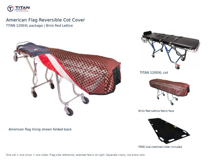 TITAN 1200XL cot package | American flag reversible cot cover | Brick Red Lattice. Flag-side reference first and largest, selected fabric face at right, and free size-matched slider. One cot, one cover and one slider.