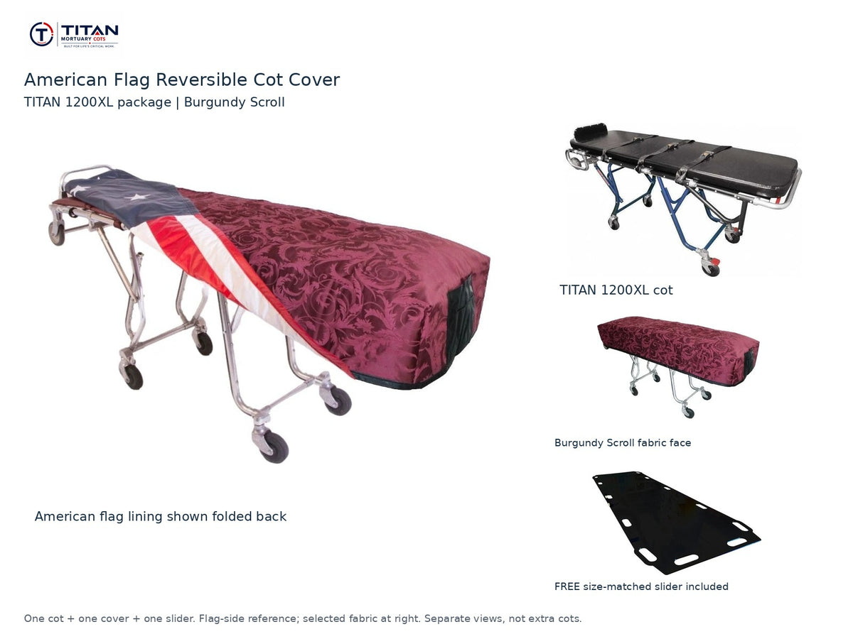 TITAN 1200XL cot package | American flag reversible cot cover | Burgundy Scroll. Flag-side reference first and largest, selected fabric face at right, and free size-matched slider. One cot, one cover and one slider.