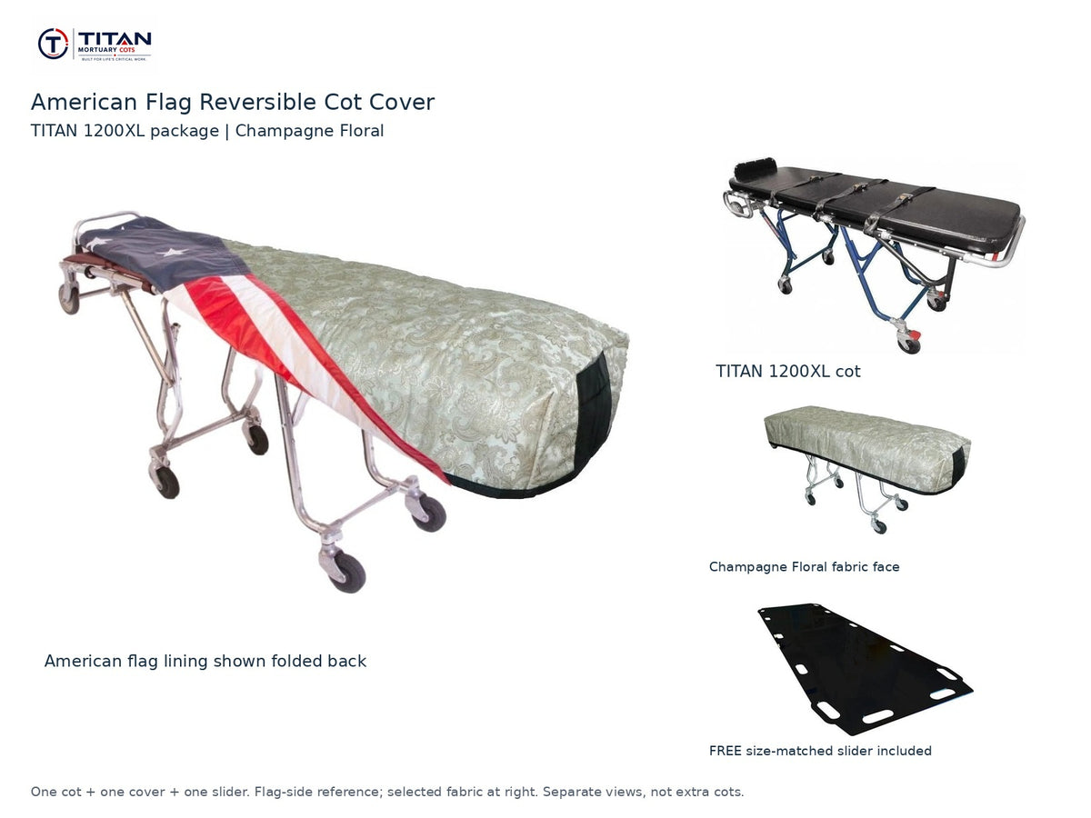 TITAN 1200XL cot package | American flag reversible cot cover | Champagne Floral. Flag-side reference first and largest, selected fabric face at right, and free size-matched slider. One cot, one cover and one slider.