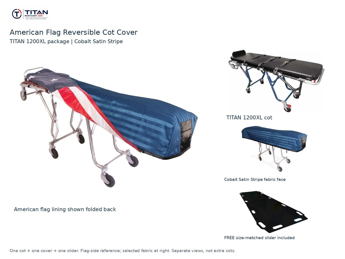 TITAN 1200XL cot package | American flag reversible cot cover | Cobalt Satin Stripe. Flag-side reference first and largest, selected fabric face at right, and free size-matched slider. One cot, one cover and one slider.