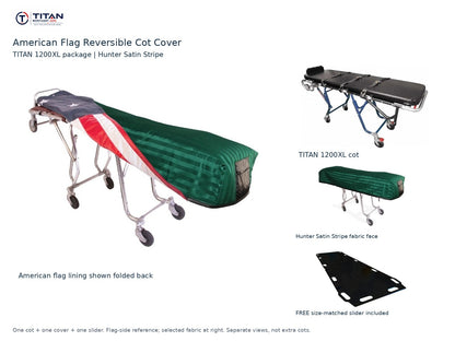 TITAN 1200XL cot package | American flag reversible cot cover | Hunter Satin Stripe. Flag-side reference first and largest, selected fabric face at right, and free size-matched slider. One cot, one cover and one slider.