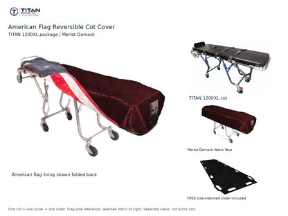 TITAN 1200XL cot package | American flag reversible cot cover | Merlot Damask. Flag-side reference first and largest, selected fabric face at right, and free size-matched slider. One cot, one cover and one slider.