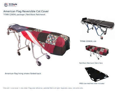 TITAN 1200XL cot package | American flag reversible cot cover | Red Black Patchwork. Flag-side reference first and largest, selected fabric face at right, and free size-matched slider. One cot, one cover and one slider.
