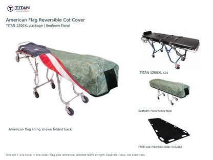 TITAN 1200XL cot package | American flag reversible cot cover | Seafoam Floral. Flag-side reference first and largest, selected fabric face at right, and free size-matched slider. One cot, one cover and one slider.