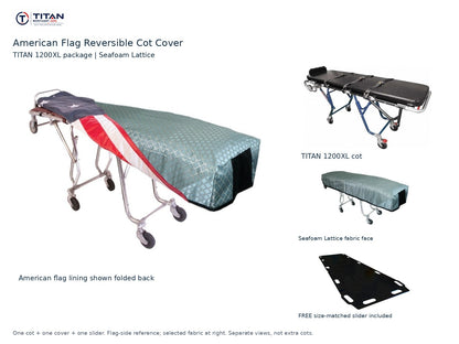 TITAN 1200XL cot package | American flag reversible cot cover | Seafoam Lattice. Flag-side reference first and largest, selected fabric face at right, and free size-matched slider. One cot, one cover and one slider.