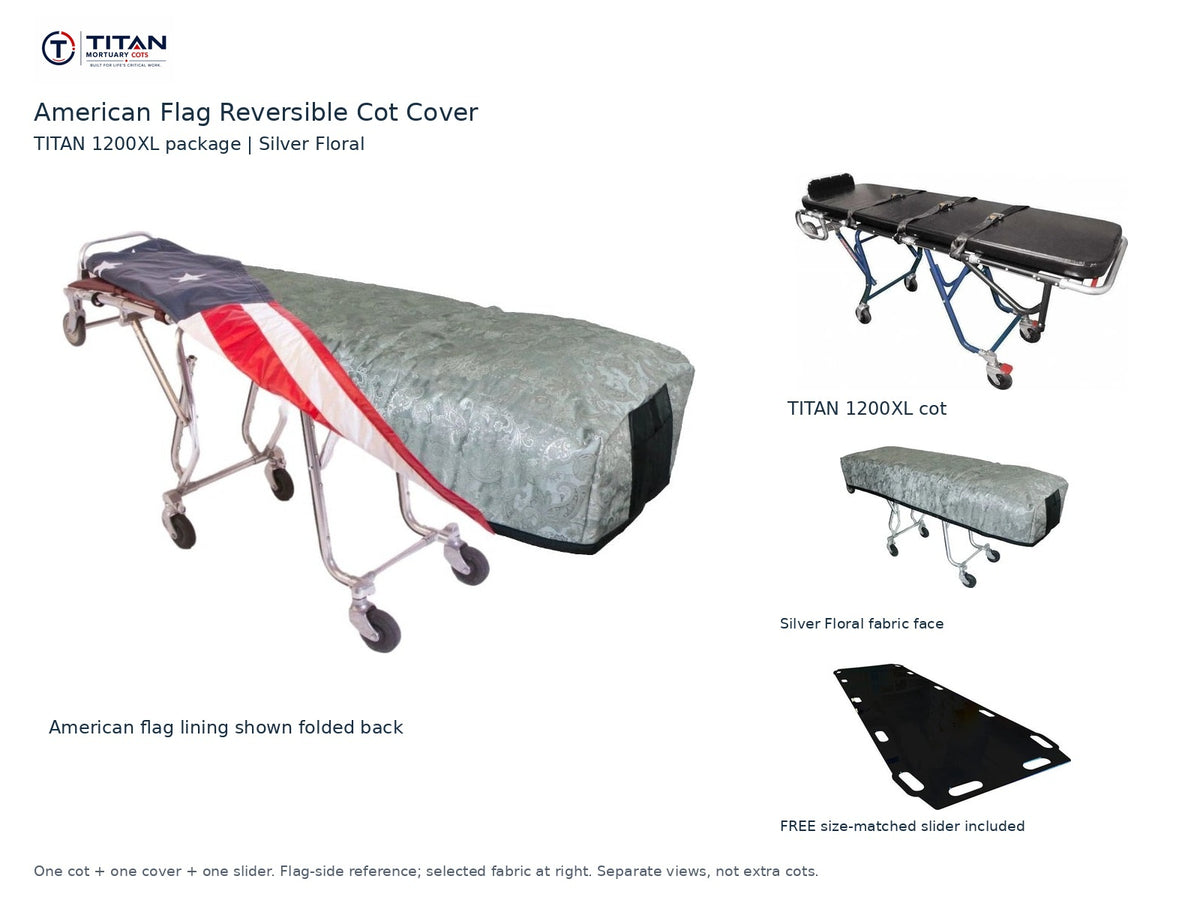 TITAN 1200XL cot package | American flag reversible cot cover | Silver Floral. Flag-side reference first and largest, selected fabric face at right, and free size-matched slider. One cot, one cover and one slider.