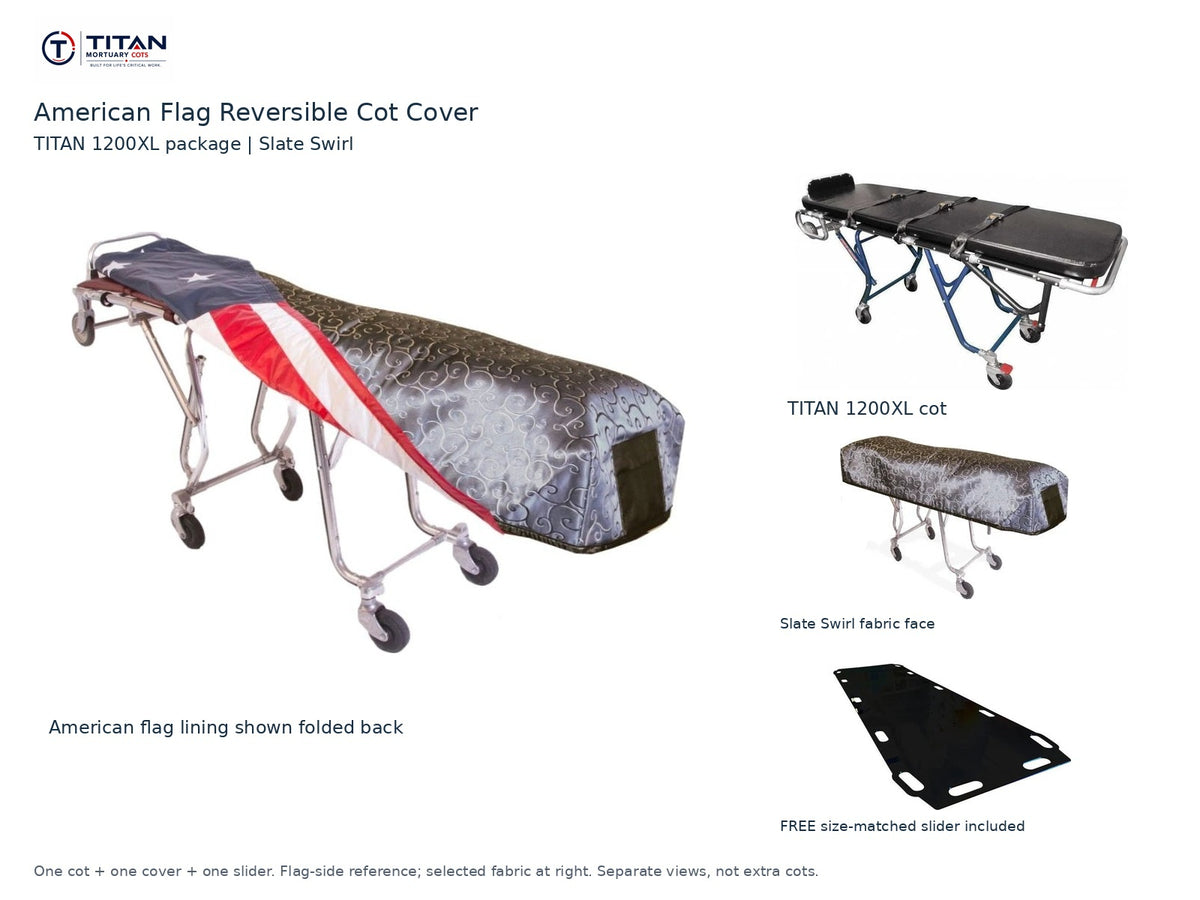 TITAN 1200XL cot package | American flag reversible cot cover | Slate Swirl. Flag-side reference first and largest, selected fabric face at right, and free size-matched slider. One cot, one cover and one slider.