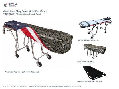 TITAN PRO XL 1250 cot package | American flag reversible cot cover | Black Floral. Flag-side reference first and largest, selected fabric face at right, and free size-matched slider. One cot, one cover and one slider.