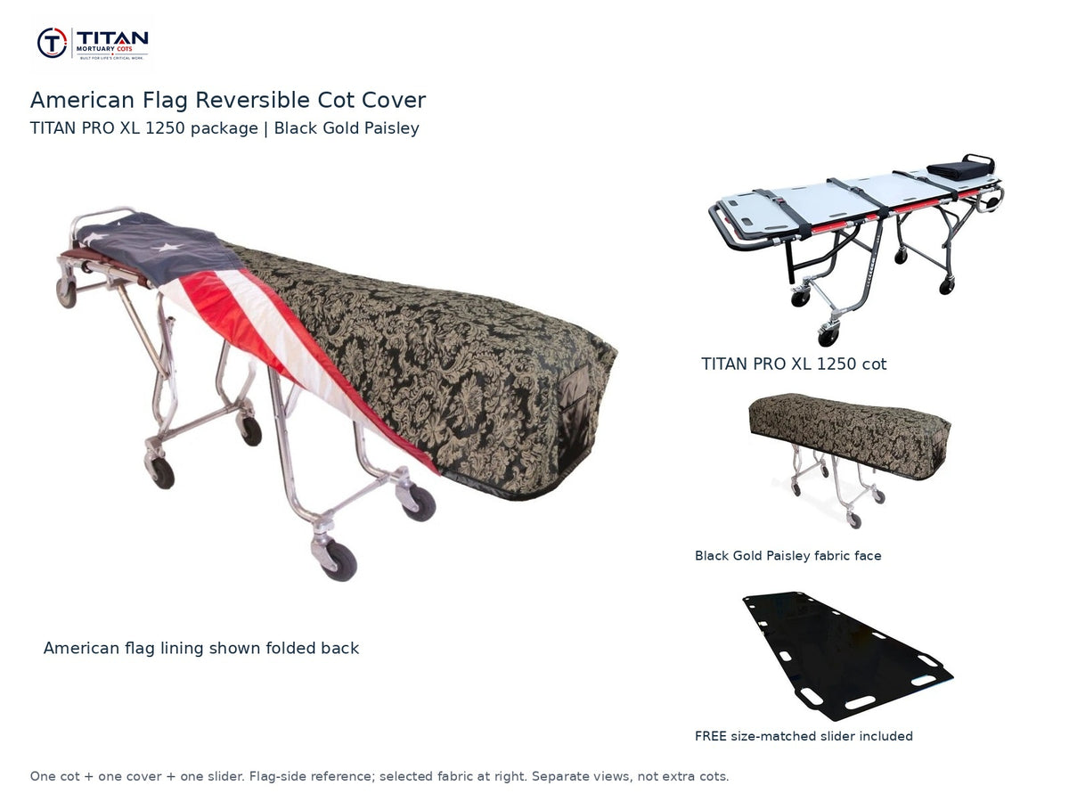 TITAN PRO XL 1250 cot package | American flag reversible cot cover | Black Gold Paisley. Flag-side reference first and largest, selected fabric face at right, and free size-matched slider. One cot, one cover and one slider.