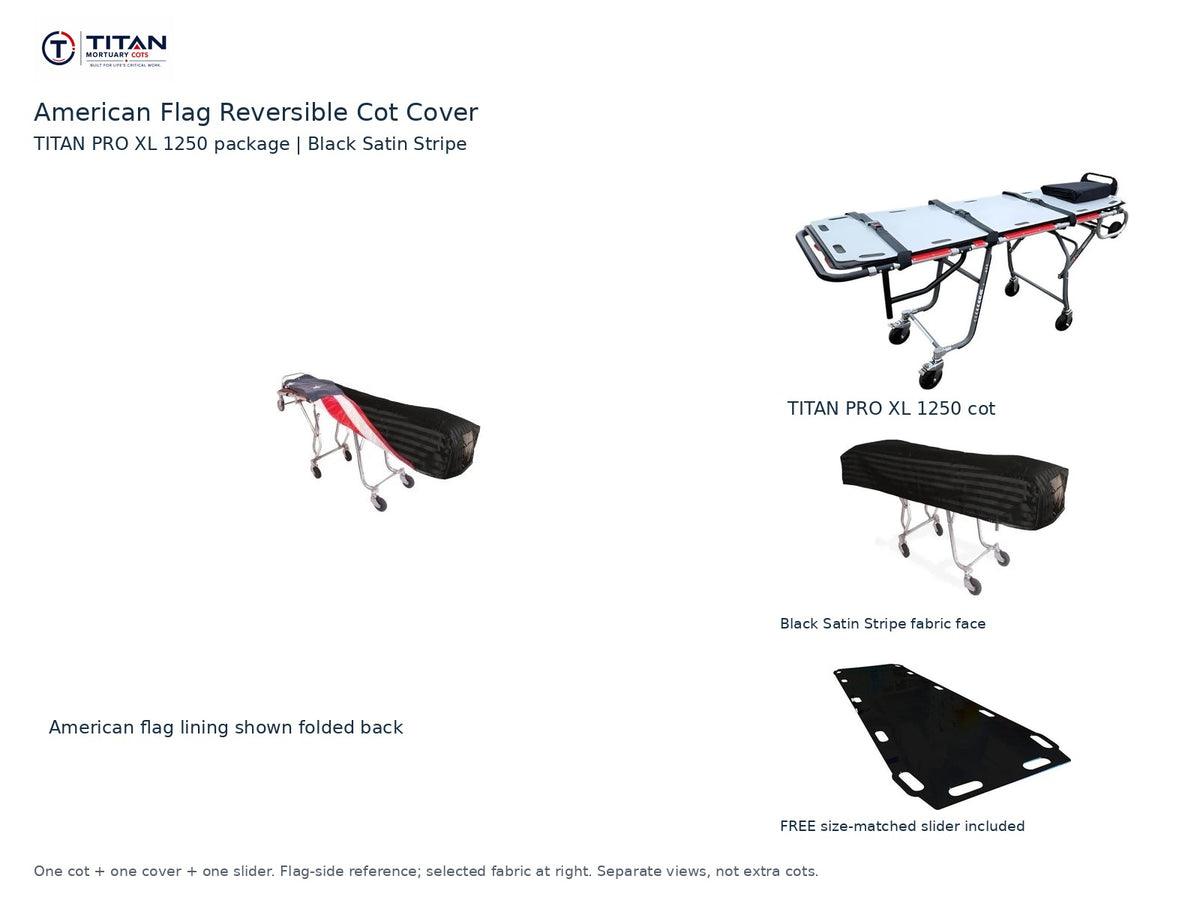 TITAN PRO XL 1250 cot package | American flag reversible cot cover | Black Satin Stripe. Flag-side reference first and largest, selected fabric face at right, and free size-matched slider. One cot, one cover and one slider.