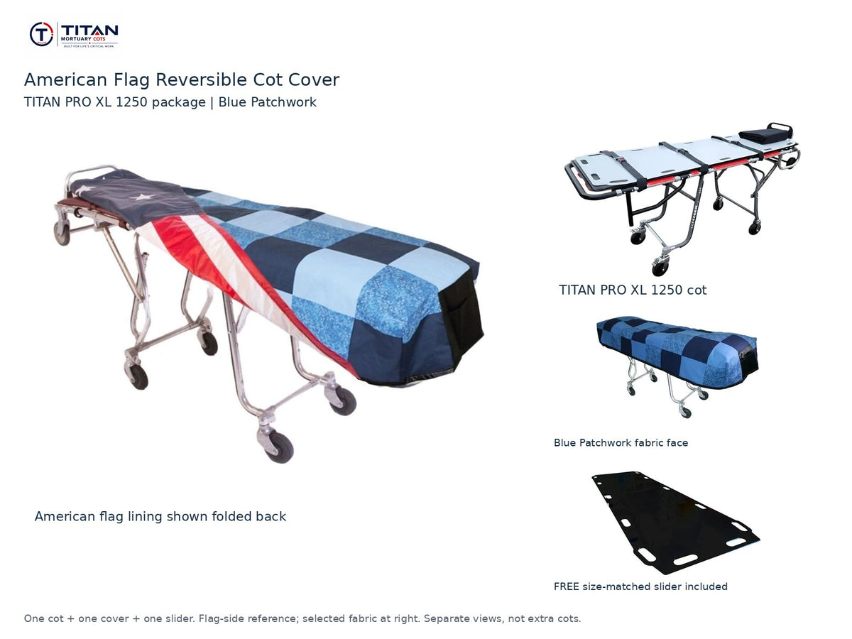 TITAN PRO XL 1250 cot package | American flag reversible cot cover | Blue Patchwork. Flag-side reference first and largest, selected fabric face at right, and free size-matched slider. One cot, one cover and one slider.