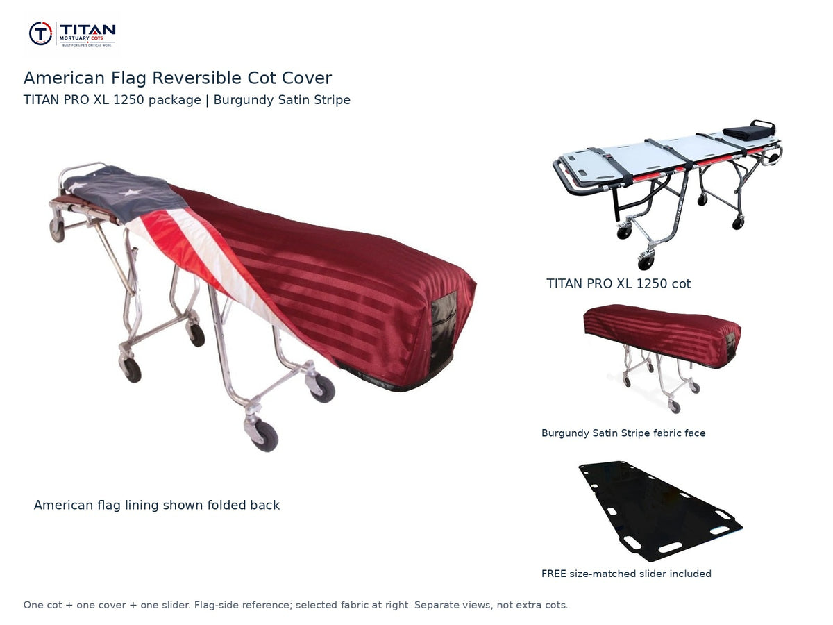TITAN PRO XL 1250 cot package | American flag reversible cot cover | Burgundy Satin Stripe. Flag-side reference first and largest, selected fabric face at right, and free size-matched slider. One cot, one cover and one slider.